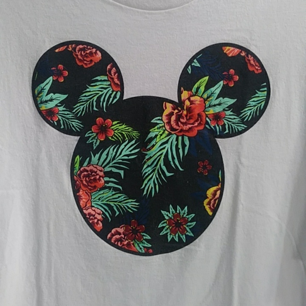 Disney Mickey Mouse Men's White & Black Floral Print Graphic T-Shirt *GUC* - Picture 2 of 5